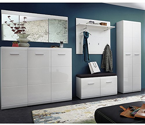 Lomadox Garderobe 5-teilig ● Hochglanz Weiß ● Garderobenset: Schuhschrank, Schuhbank, Spiegel, Garderobenpaneel, Garderobenschrank ● Made in Germany