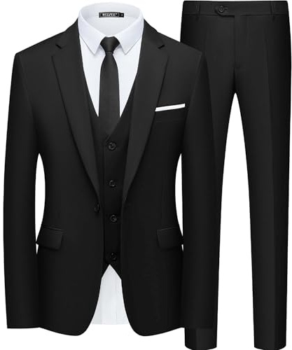 WULFUL Men’s Slim Fit Suit One Button 3-Piece Blazer Dress Business Wedding Party Jacket Vest & Pant Black