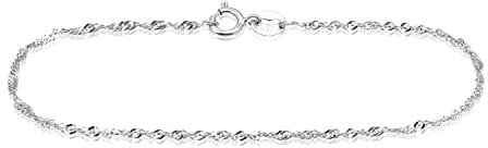 SEA OF ICE Sterling Silver 1.5mm Twisted Curb Singapore Rope Chain Anklet for Women, Size 9, 10 and 11, 11 Inches, Metal, not-applicable