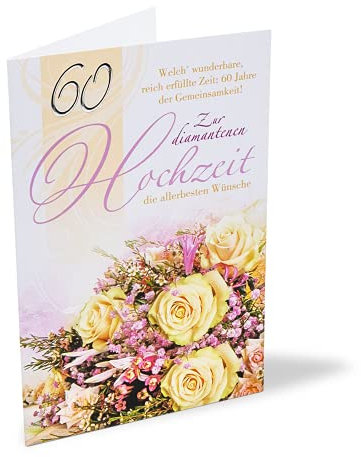 KE - Elegante Karte zur Diamant-Hochzeit mit Umschlag, Glückwunschkarte zu 60 Jahren Ehe, Jubiläum, Klapp-Karte DIN B6, Perfekt für 60. Hochzeits-Tag - Motiv: Rosen