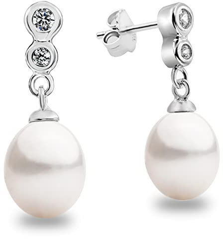 Damen Perlen-Ohrringe Süßwasser Zuchtperlen Mit Zirkonia Weiß Tropfenperle 7-8 mm SECRET & YOU - Perlenohrringe Sterling Silber 925