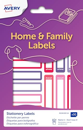 Avery Pink/Purple Stick-On Naming Labels for Pens, Stationery, School Books & Personal Items – Durable Waterproof 50 x 10 mm Adhesive Stickers, 30 Pack (RESMI30F.UK)