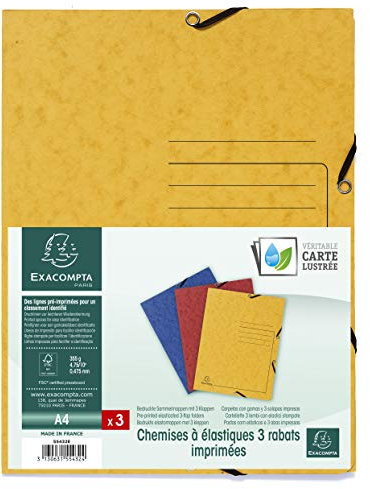 Exacompta 554432E 3er Pack Premium Einschlagmappe. Made in Germany. Aus extra starkem Colorspan-Karton mit 3 Innenklappen und 2 Gummizügen DIN A4 Sammelmappe für Büro und Schule farbig sortiert