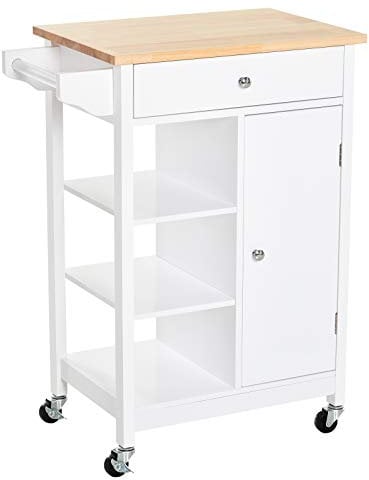 HOMCOM Carrito de Cocina Carro Auxiliar con Ruedas 1 Cajón 1 Armario 3 Estantes Abiertos de Almacenamiento para Comedor 66x39,5x86,5 cm Blanco