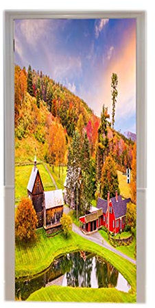 A.Monamour Türtapete Selbstklebend Türfolie Türposter 3D Vermont Usa Frühherbst Ländliche Landschaft Bauernhof Wald Berg Vinyl Folie Türdeko Tapete Wandbild Türaufkleber Türtattoo 83 x 204 cm