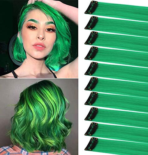 MOSCSMDY 10 Stück Grüne Haarverlängerungen Clip in Farbige Haarverlängerungen Colorful Hairpieces Party Highlights Synthetic Multiple Colors(Grün)