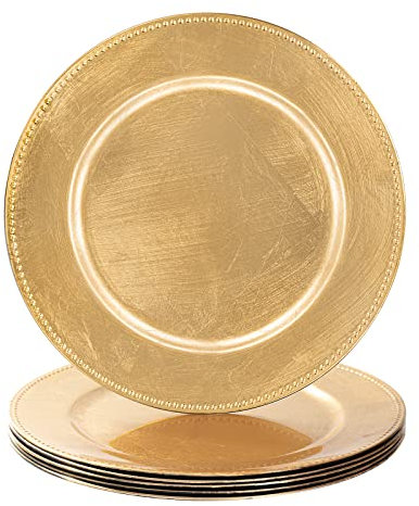 MAONAME Round Gold Beaded Charger Plates, Plastic Chargers for Dinner Plate, 13-inch Foil Plate Charger for Wedding, Table Place Settings, Set of 6