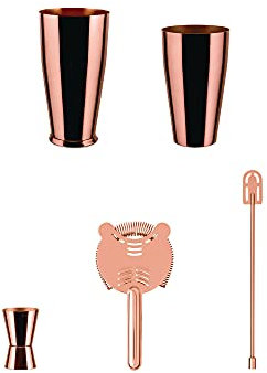 Set Compuesto de: Coctelera Americana o Boston, Colador de Bar, Batidora de Bar y Medidor para Cóctel en Acero Inoxidable 18/10 Y PVD, Cobre