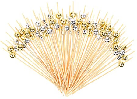 BGCYEGD Palitos de Cóctel,200 Piezasbrocheta de bambú,4.7 Cóctel Bambú Frutas para Barbacoa Fiesta, San valentín Boda Fiesta Coctelería Pinchos Boda Fiesta.(Cuentas de Oro + Cuentas de Plata)