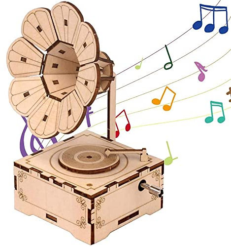 Qanye Holz Spieldose, Klingende Spieluhr, Klassisches Spieluhr, 3D Holzpuzzles Modellbausatz Spieluhr, Grammophon Spieluhr, für Geburtstags Geschenk, Musikbox, Wohnkultur Zubehör