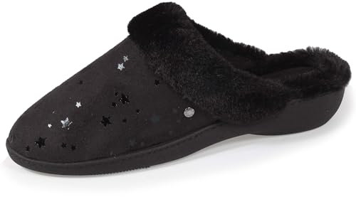 Isotoner Chaussons pantoufles Mules femme etoile et petit talon, 39 EU, noir