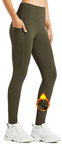 Libin Leggings Termici da Donna Inverno Con Fodera in Pile Resistente all'Acqua - Pantaloni Caldi Vita Alta da Trekking Con Tasche, Verde Esercito, S