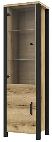 Lomadox Wohn-/Esszimmer Vitrine in Grand Natural Oak Nb. mit schwarz supermatt, B/H/T ca. 56/191/43 cm