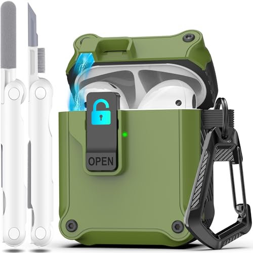 R-fun Kompatibel mit AirPods 2 Generation Hülle 2019, 1 Gen 2016 Case Cover, automatisches Pop-Up-Deckel-Design für Apple Airpods Hülle mit Reinigungsset & Schlüsselanhänger,Schwarz grün