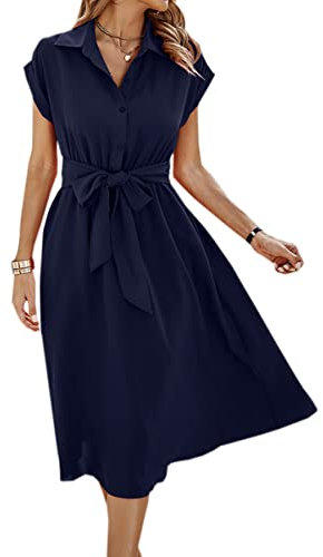 ASOMI Sommerkleid Damen Hemdkleid Kurzarm: Elegant Kurzarm Strandkleid Büro Wickelkleid Mode Tasche Hemdblusenkleid Lässig Blusenkleid Midikleid Knopf Plisseekleid V-Ausschnitt Gürtel A-Dunkelblau M