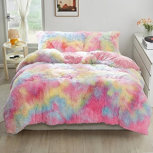 YASMENG Winter Plüsch Bettwäsche 220x240 Regenbogen Bunt Plüsch Langhaar Bettbezug Set Weich Kuschelig Flauschige Bettwäsche 3 Teilig für Kinder Mädchen mit Reißverschluss und 2 Kissenbezüge 80x80 cm