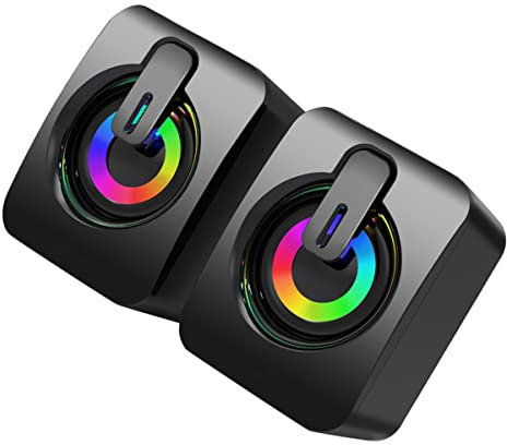KOMBIUDA Gaming Speakers Usb Wired Desktop Subwoofer Rgb Lights, Small Laptop Loudspeakers for Pc Gaming Setup, 5v Powered Mini Speaker Pair for Home and Office