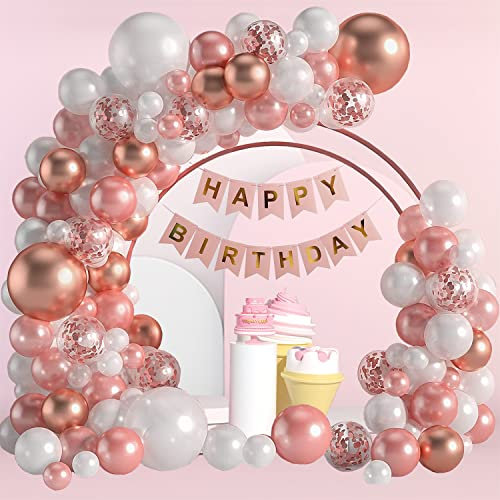 Kit d'arche de ballons d'anniversaire – 12,2 + 30,5 + 45,7 cm – Lot de 111 confettis or rose et blanc – Décorations de fête d'anniversaire pour femmes et filles