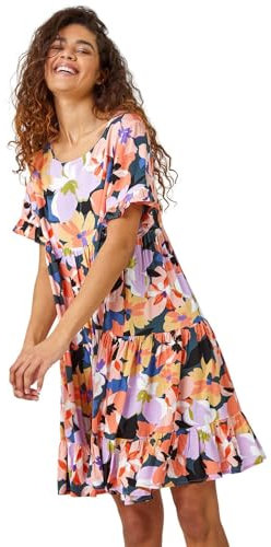 Roman Smock Dress for Women UK Ladies Swing A Line Tiered Pocket Slouch Summer Spring Everyday Evening Work Holiday Short Sleeve Smart Casual Beach Lightweight Shift - Coral - Size 10