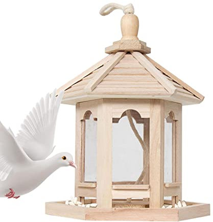 Abri pour Oiseaux à Suspendre en Plein air - CASA Nourriture pour Oiseaux en Bois avec Toit Hexagonal, Mangeoire à Oiseaux Rechargeable pour extérieur, Jardins, Cou, Arbres,