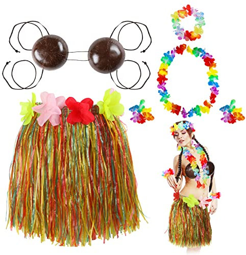 Tigeen 6 Stück Kokosnuss-BH, hawaiianisches Gras, Hula-Rock, Kostüm-Set, Tanz-Leis-Outfits für Erwachsene, Frauen, Mädchen, Luau-Partyzubehör (bunt, 40 cm)