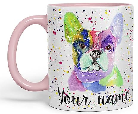 Vixar Personalised with Your Text French Bulldog Frenchie Dog Pet Animals Watercolour Art Coloured Ceramic Mug Cup Gift 330ml 11oz Custom Work Office Tea Coffee (Pink)