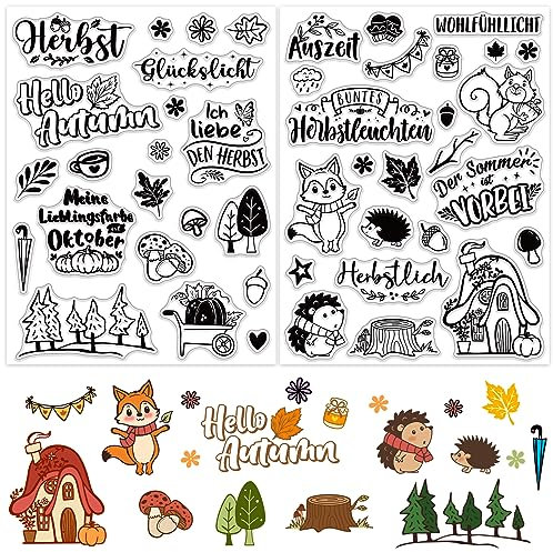 BETESSIN 2Blatt Silikonstempel Herbst Sprüche Deutsch Klare Stempel Stempelmotive Clear Stamps zum Kartenbasteln DIY Scrapbooking Fotoalbum Geschenkanhänger