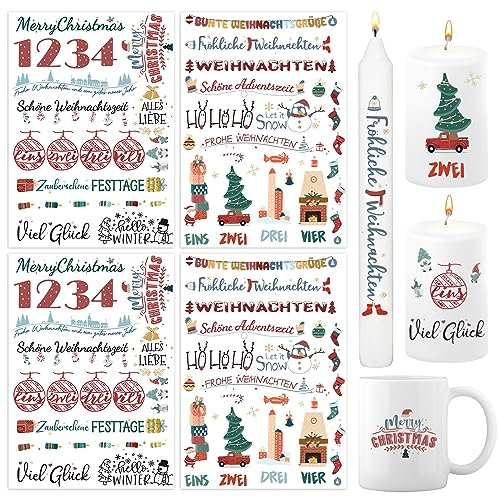 BETESSIN 4x Kerzen Tattoos Folie Weihnachten Kerzentattoo Rub On Sticker Folie Weihnachten Kerzen Sticker Kerzenaufkleber Deutsche Kerzensprüche für Stabkerzen Kleine Kerzen Tasse DIY Geschenk A