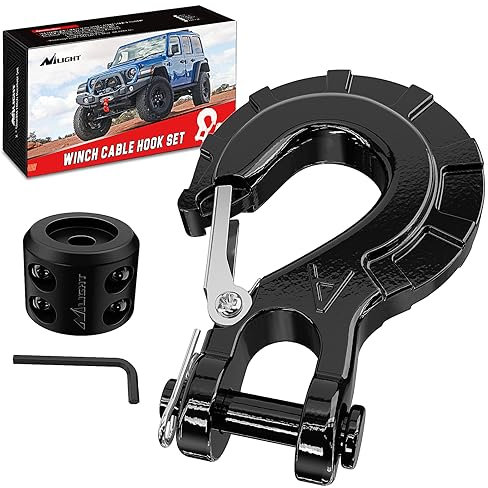 Nilight Windenhaken aus geschmiedetem Stahl, 0,95 cm, Güteklasse 70, Sicherheitsriegel, Seilhaken, Stopper und Gabelkopf, Gleithaken-Sets, inklusive Inbusschlüssel, max. 15,9 kg, Schwarz