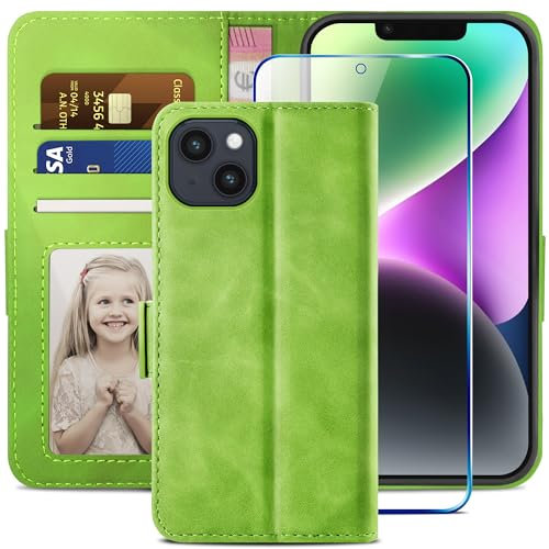 YATWIN Kompatibel mit iPhone 14 Hülle und iPhone 14 Handyhülle +1 Stück Panzerglas Schutzfolie, Klapphülle Premium Leder Brieftasche Schutzhülle Handytasche für iPhone 14 Case, Grün