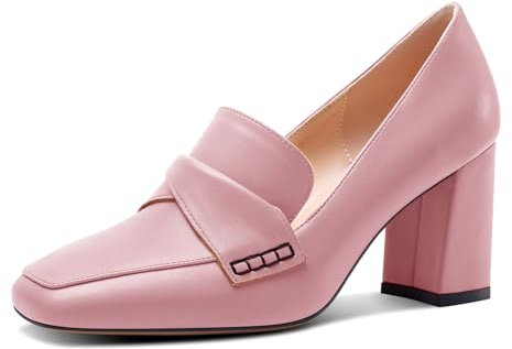HDEUOLM Femmes Bloc Chunky Mi Talon Heel Carré Bout Escarpins Slip-on Loafers Chaussures Bureau Classique 8 CM Heels Rose Pâle 43 EU