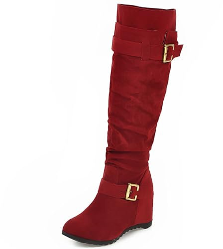 Joliss Donna Stivali Alti con Fibbia Punta Rotonda Senza Chiusura Stivali Alti Retrò Casuale Tall Mboots Rosso Numero 33 EU