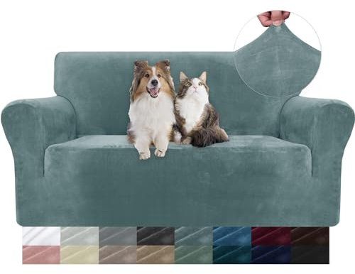 YSTELLAA Samt Sofa Überzug 2 Sitzer, Stretch Sofahusse Universal, Sofaschoner rutschfest, Sofa Covers Mit Armlehne, Couch Bezug Schutz Katze, Waschbare Couchschoner, Graublau