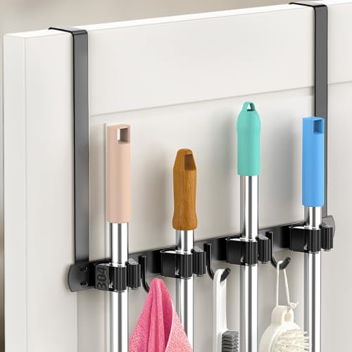 PrimZooty Broom Holder Over the Door - 304 Stainless Steel Mop Broom Holder, Wall Mounted or Hanging Over the Door with Hooks - Broom Hanger, Tool Organizer for Closet Garage Laundry Kitchen Decor