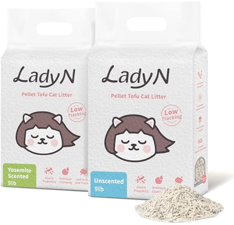 Lady N Pellet Tofu Katzenstreu, stark klumpend, ultra-saugfähig, natürliche Streu, staubfrei, geringe Verfolgung, umweltverträgliche und Aktivkohle zur Geruchskontrolle, 8,2 kg (Yosemite+ geruchlos)