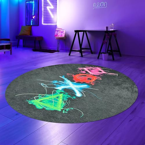 Teppich-Traum Teppich Gamingzimmer pflegeleicht robust leuchtende Symbole mit Neonfaben in bunt, 120 cm Rund