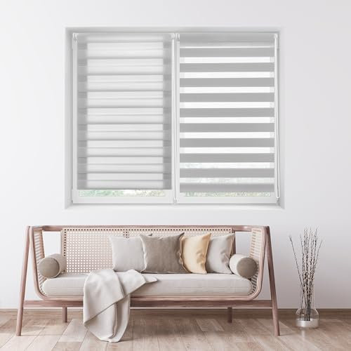 ECOMMERC3 Doppelrollo Nacht und Tag ohne Bohren Größe 95x220 - Easyfix Rollo OHNE Werkzeuge Stoffgröße 92x215 - Doppelrollo Nacht und Tag Silbergrau