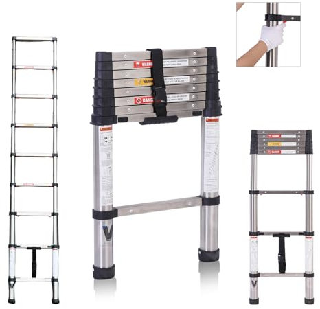Telescopic Ladder, 2.6 m, BOWEITI Extension Step Ladder, One Button Retraction, Stainless Steel Folding Ladder, Slow Down Design for Home, RV Loft, 330 lbs Max Capacity