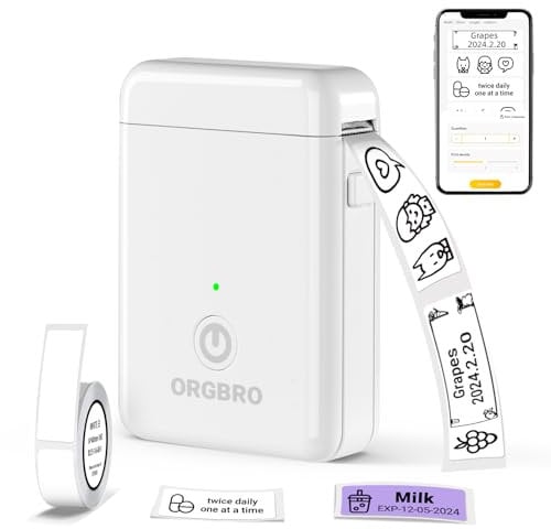 ORGBRO X1 Etiquetadoras, Impresora Térmica de Etiquetas Autoadhesivas Portátil Bluetooth Mini Label Maker Compatible con iOS/Android para Hogar y Oficina - Incluye 1 Rollo de Etiquetas (Blanco)