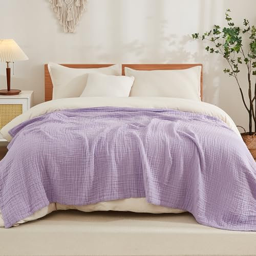 EMME Baumwolldecke in Kingsize für das Bett, weiche Musselin-Decke, 274 x 229 cm, leichte, atmungsaktive Schichtdecke, Bettüberwurf, Ganzjahres-Mull-Decke, Lavendel