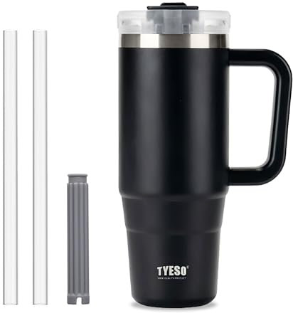 Klaraber Coffee Cup Travel Mug with Handle, 30oz Tumbler with Lockable Lid, Stainless Steel Vacuum Insulated Water Bottle with Straw, Leakproof & Portable Travel Cup for Hot and Cold Drinks (Black)