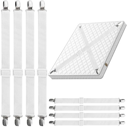 NVIYAM 8 Pièces Tendeur Drap Housse - 30cm à 130cm Tendeurs De Drap RéGlables pour Drap De Lit, Clips de Drap de Lit Blancs pour Matelas,Planche à Repasser Ou Canapé