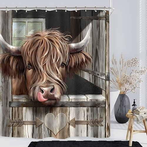 Vengaot Highland Cow Duschvorhang, niedlicher Duschvorhang, 183 x 183 cm (B x L), Bauernhaus, Rinder, lustig, Westernbulle, Holzbrett, Scheunentür, rustikales Badezimmer-Dekor, Bauernhof, braunes