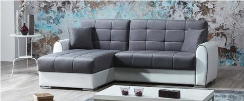 Dmora - Schlafsofa mit Halbinsel Jesus, Sofa aus Kunstleder und Stoff, wendbares Halbinsel, 246 x 160 x 91 cm, Weiß und Grau