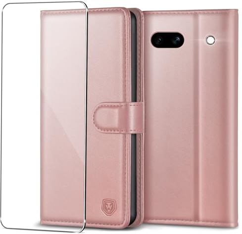 Handyhülle für Google Pixel 7A Hülle mit Panzerglas Schutzfolie Premium PU Leder Pixel 7A Klapphülle Brieftasche Kartenfach Ständer Magnet Handytasche Case Schutzhülle für Google Pixel 7A - Roségold