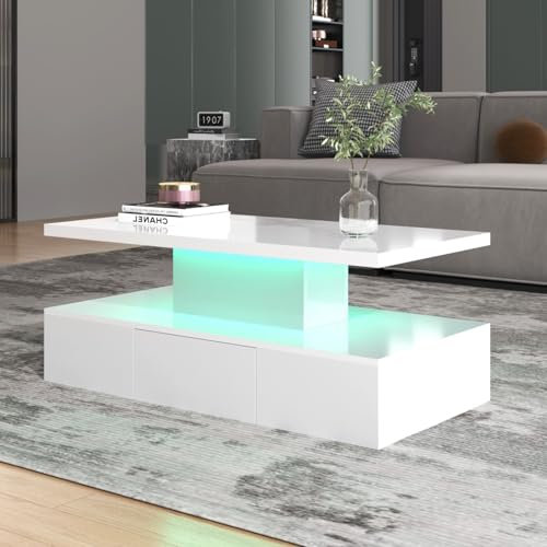 KOMHTOM Table Basse Moderne en Laque Brillante Blanc, Petite Table avec tiroirs Table de Salon avec LED (Blanc)