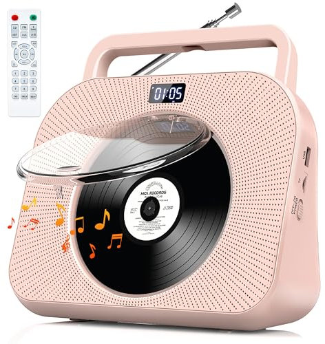 Desktop CD Player for Home with Dual Speakers,Handle, Build in FM Radio,Portable CD Player with Bluetooth-Sleep Sound,Remote Control, LCD Display,Support USB/TF Card/AUX/3.5mm Input (Pink)