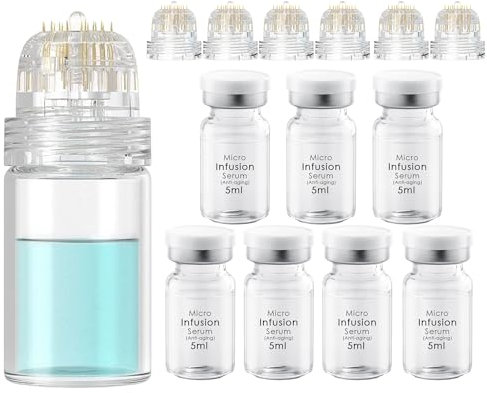 Système de perfusion à micro-aiguilles inclus - Aiguille Hydra de 0,5 mm - 6 têtes d'aiguilles de rechange et ampoules de sérum anti-âge - 5 ml x 7 - Traitement anti-âge