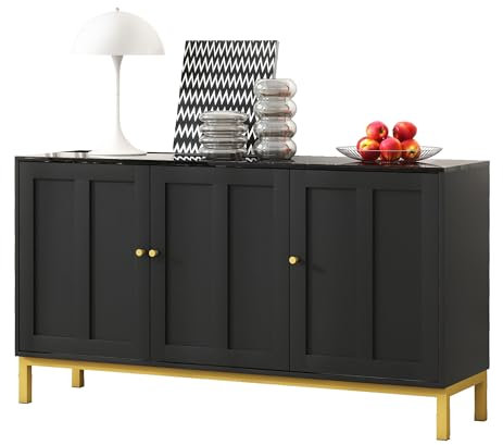 Azkoeesy Aparador Negro con Tiradores y Patas Dorados - 140 x 78 x 40 cm - Mueble Multifuncional con 3 Puertas, Tapa de Rayas de mármol, para salón/Cocina/Comedor