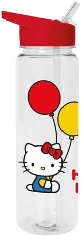 Pyramid International Hello Kitty (Balloons) Plastic Water Bottle, 24oz/700ML with PE Straw - Durable, Spill-Proof Design for On-the-Go Hydration